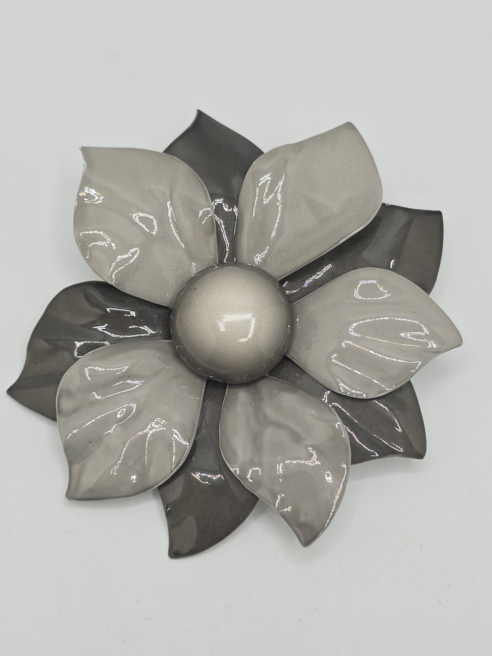 Shades of Gray Enamel Flower Brooch Layered Vintage 3.25" Statement